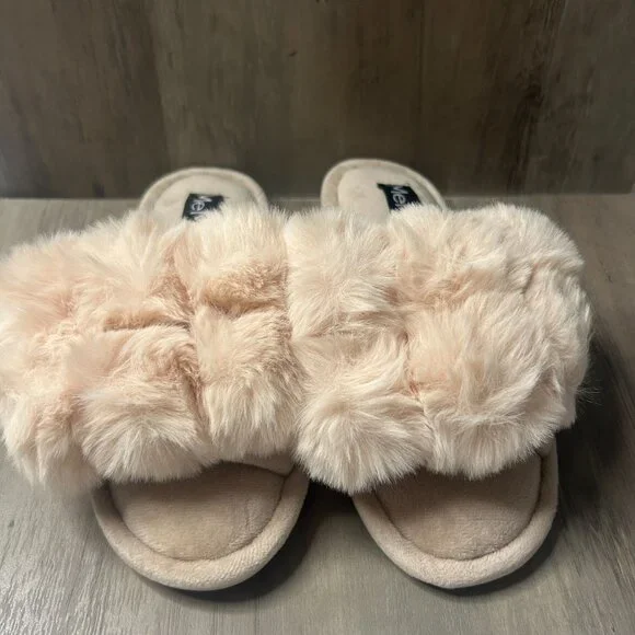 MeMoi Luxe Pom Pom Memory Foam Plush Slippers Medium Sizes 7-8 Soft Pink/Peach - Picture 2 of 8